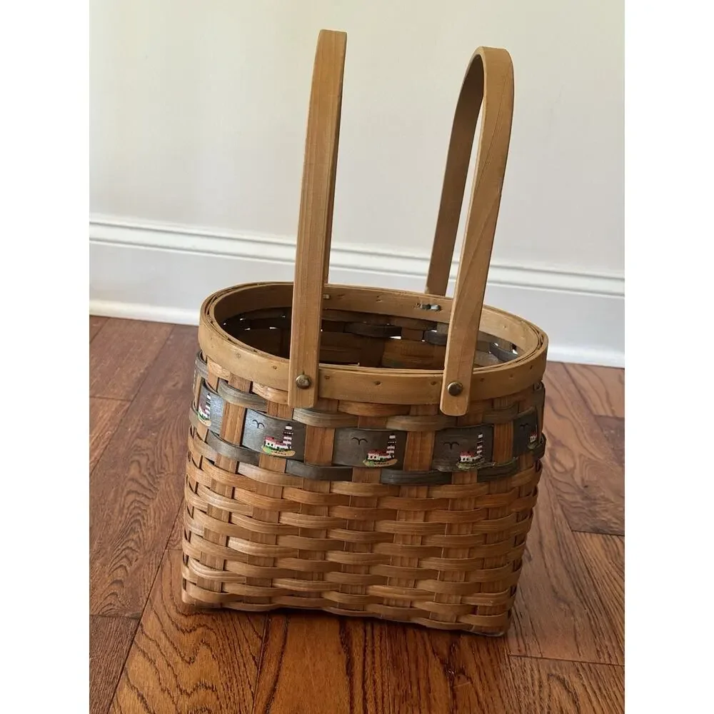 VTG Farmhouse Woven Splint Wood Basket Painted Lighthouses Nautical Coastal